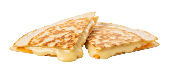 A hard-shell, half-folded quesadilla with melted cheese and a browned tortilla is on a clean white surface. The savory food is a hearty snack.