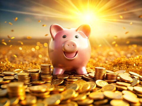 Pink piggy bank amidst golden coins under a bright sun, symbolizing financial success and savings growth