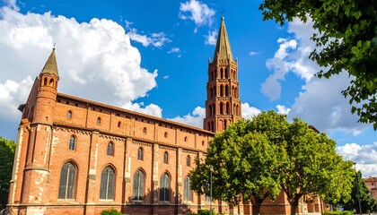 Fototapeta premium A grand, historic cathedral with a tall, ornate spire stands proudly against a vibrant blue sky dotted with fluffy white clouds.