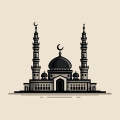 Fototapeta premium Stylized illustration of a mosque, featuring a central dome and two tall minarets, rendered in grayscale.