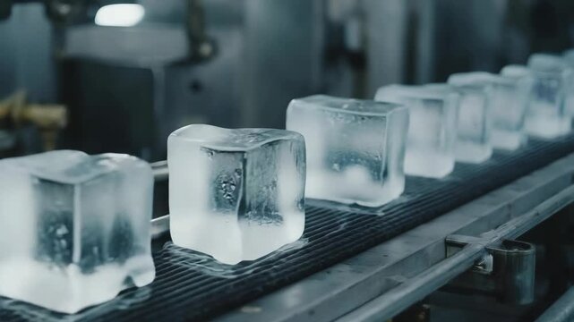 Ice cubes moving on a conveyor belt in a factory highlight the automated production process, with water droplets emphasizing their cold freshness