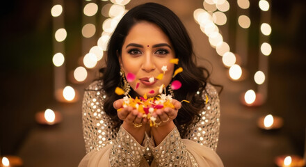happy young indian woman celebrating diwali festival at home