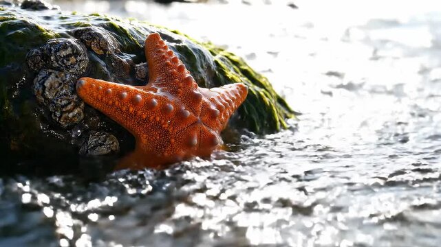 Vibrant Orange Starfish Clinging to Mossy Rock by the Ocean Shoreline.