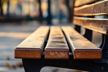 Close-up of park bench, golden sunlight