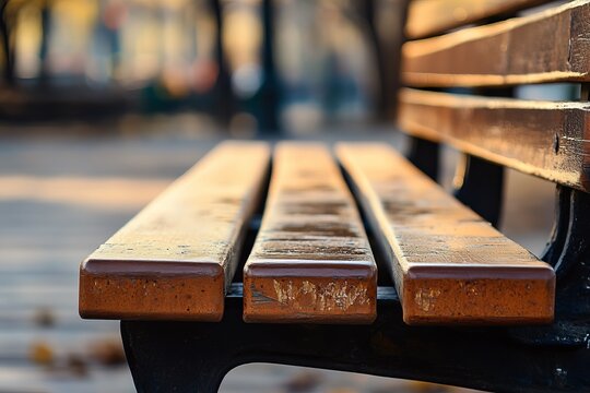 Close-up of park bench, golden sunlight