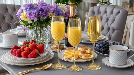 Table setting with three mimosa glasses a bottle of champagne fresh strawberries blueberries pancakes and a vase of