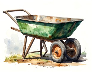 A weathered garden wheelbarrow, painted with meticulous detail in watercolor, sits on a patch of dirt, showcasing a rusty green metal body and dark brown wooden handles.