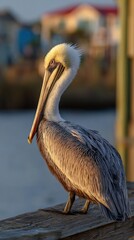 Pelican perched by the water at sunset