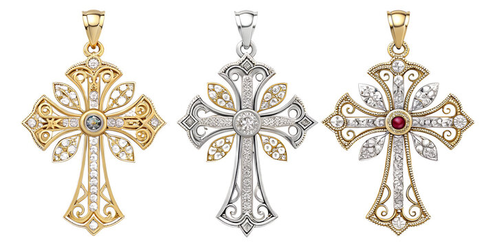 Luxury Christian Crosses PNG Set &ndash; Elegant Gold, Silver, Platinum & Diamond Designs with Gemstone Inlays