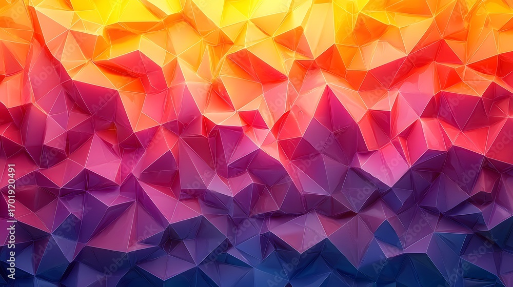 Poster vibrant, colorful geometric pattern of interlocking triangles, displaying a dynamic gradient of hues