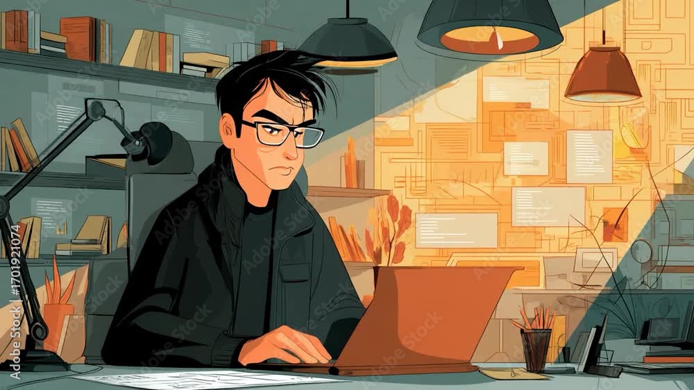Wall mural cartoon programmer works on computer in an office environment