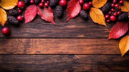 Autumnal arrangement of red and orange leaves, berries, and pine cones on a dark wooden surface, creating a rustic and seasonal border