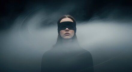 Mysterious young woman blindfolded in a smoky, dark environment, symbolizing uncertainty.