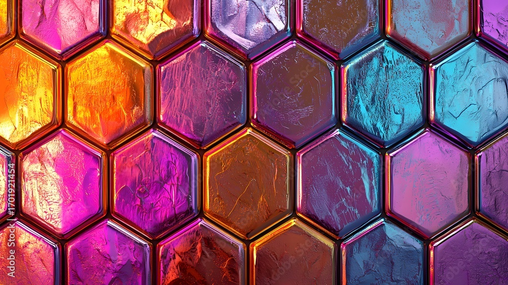 Poster a vibrant, multicolored hexagonal pattern displays a spectrum of iridescent hues, creating an eye-ca