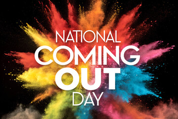 Vibrant National Coming Out Day graphic with colorful powder burst on black background, symbolizing LGBTQ+ pride, diversity, and the joy of living authentically.generative ai