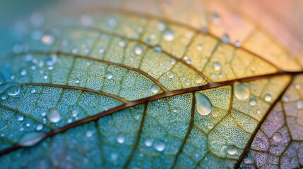 Close-up of a leaf with detailed veins and water droplets