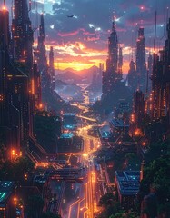 Fototapeta premium A breathtaking cityscape of a futuristic city at sunset, showcasing intricate architectural designs and vibrant lighting.