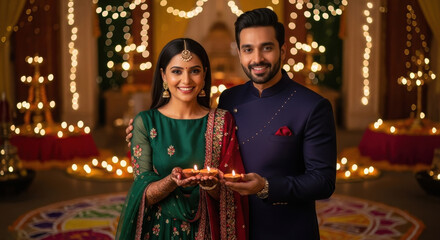 young indian couple celebrating diwali festival together at home