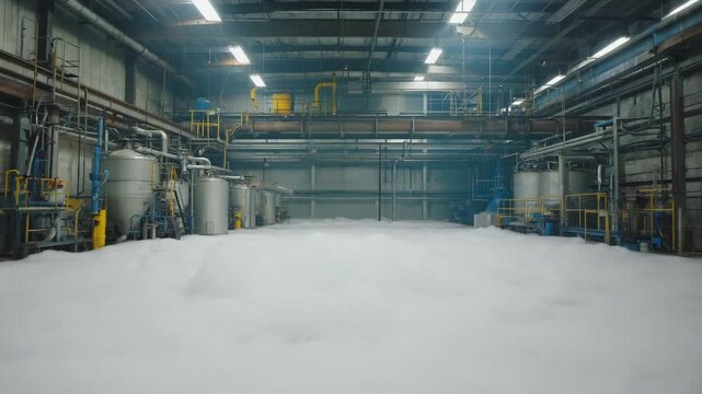 White foam is expanding across the floor of an industrial building interior, surrounding metal tanks, pipes, and other equipment, creating a dramatic scene of potential malfunction or emergency