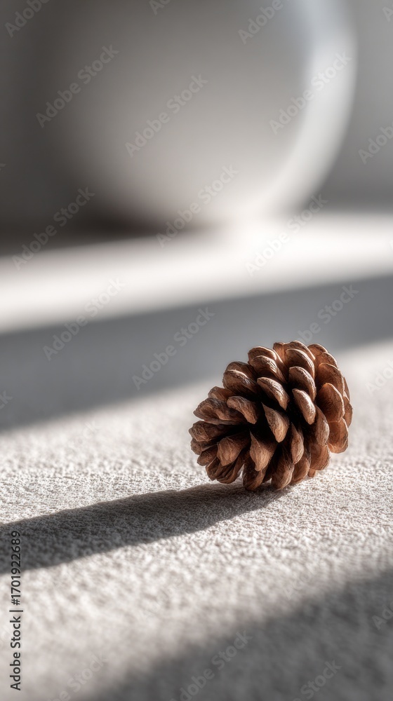 Poster natural pine cone resting on a textured surface with soft shadows in a minimalist setting during the