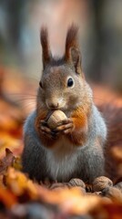 Obraz premium Squirrel holding nut among autumn leaves in forest