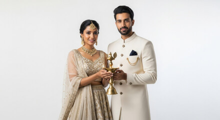 young indian couple celebrating diwali festival together standing on white background