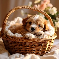 Cozy puppy in a wicker basket