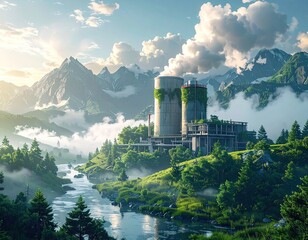 Mountain Valley Industrial Ruins Overgrown with Nature