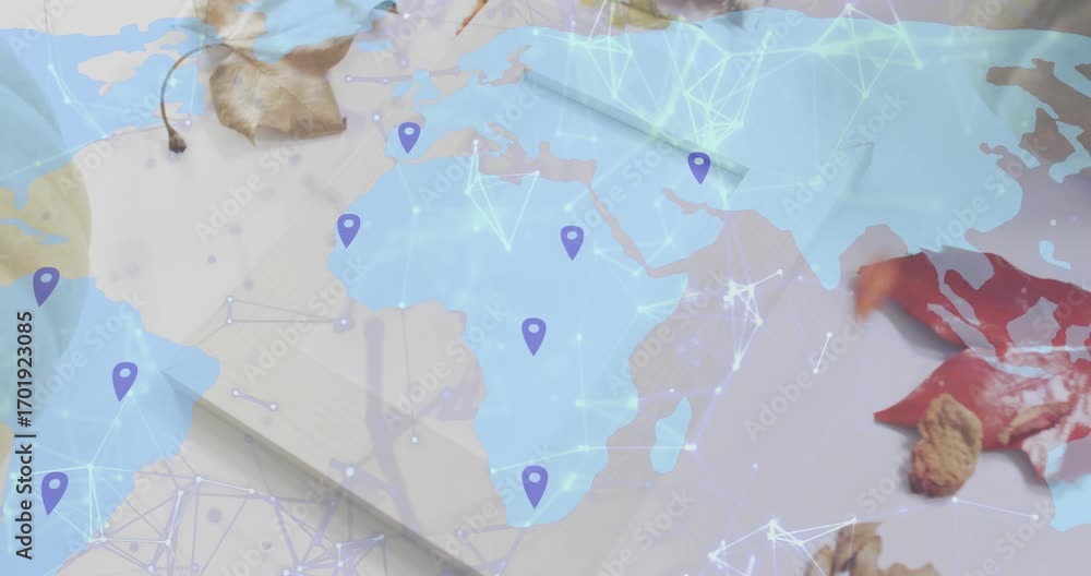 Aufkleber fading in blue map pins appearing and pulsing global network lines retracting, fading out on pad