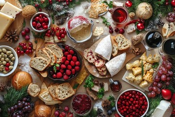 Festive food spread, assorted cheeses, breads, cranberries, and drinks