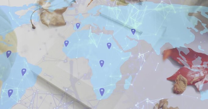 Fading in blue map pins appearing and pulsing global network lines retracting, fading out on pad