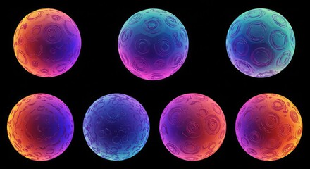 Eight vibrant abstract spheres with intricate swirling patterns and gradient colors on a black background, digital art.