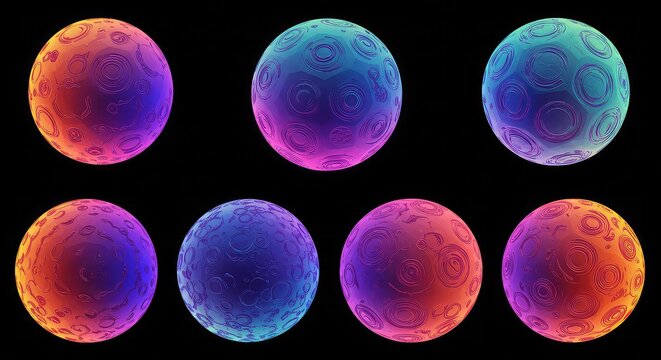 Eight vibrant abstract spheres with intricate swirling patterns and gradient colors on a black background, digital art.