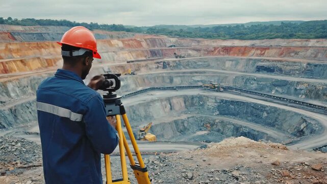 African american land surveyor utilizing a theodolite, measuring dimensions of an open pit mine, promoting safety and efficiency within mining operations and resource extraction