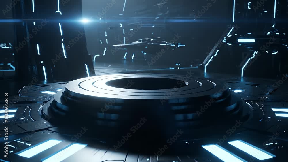 Poster futuristic tech lab: a sleek, high-tech environment with a central platform and a spaceship in the b