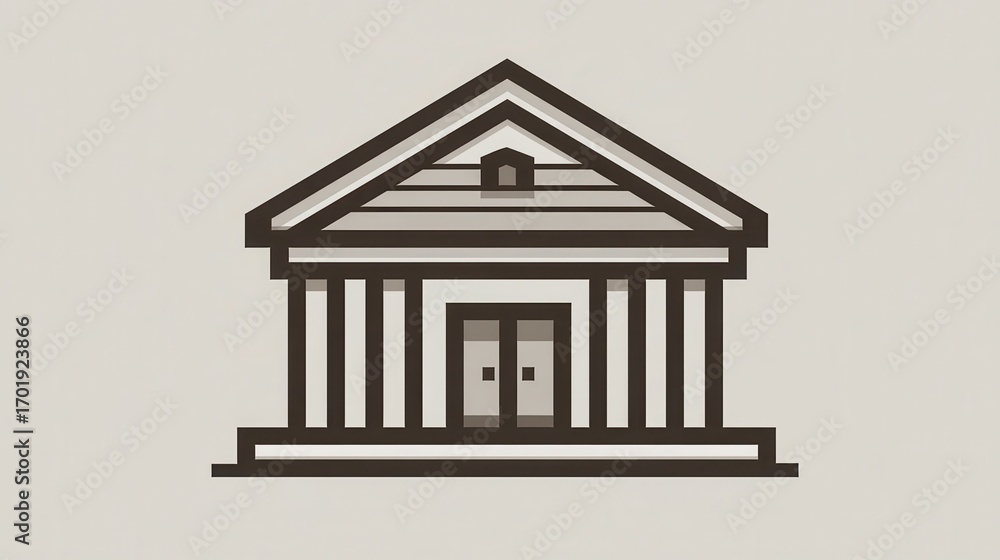 Poster monochromatic pixel art illustration of a classical temple building with columns and a triangular ro