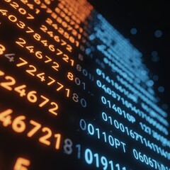 Obraz premium Dynamic digital data streams flow with glowing orange and blue numbers, representing code and analytics in a modern tech concept.