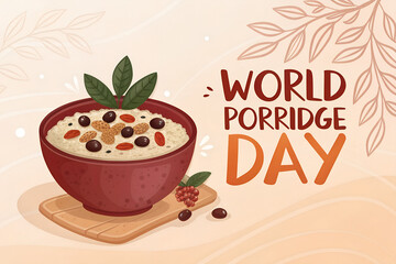 Warm autumn-themed World Porridge Day image featuring a bowl of porridge with berries and leaves, promoting global awareness of hunger and nutritious food access.generative ai