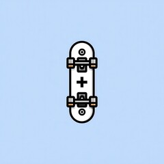Naklejka premium Top view of a white pixel art skateboard with orange trucks on a light blue background. Simple and minimalist design.