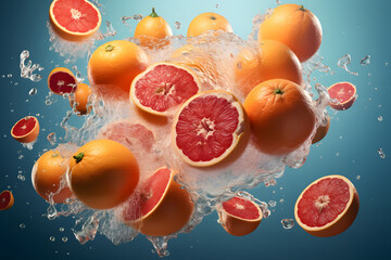Fresh citrus explosion in water with oranges and grapefruits captured under bright lighting
