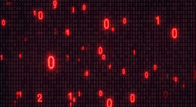 Dynamic digital data stream with glowing red binary code and numbers, representing technology and information flow