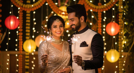 Fototapeta premium young indian couple celebrating diwali festival together at home