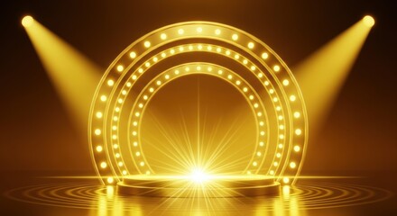 Gleaming golden stage with spotlight and glowing marquee lights awaits your triumphant award or performance moment.