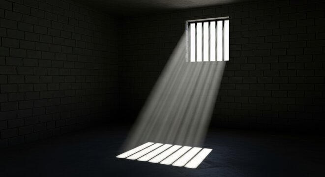Solitary confinement cell with dramatic light beams streaming through barred window onto floor
