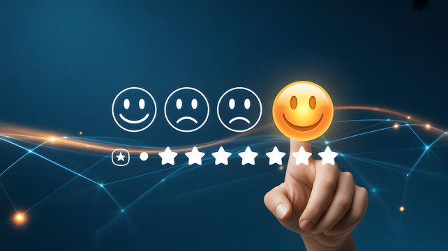 Customer Satisfaction Illustration: The visual representation of a customer's experience, represented through an interactive user interface with a finger choosing the most positive review.