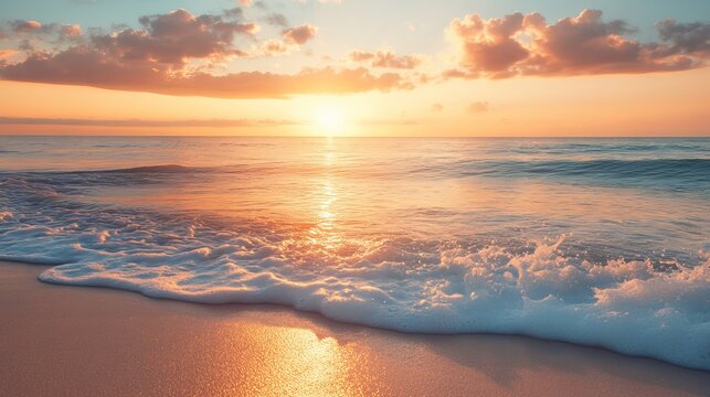 Golden sunset over ocean waves lapping at sandy beach