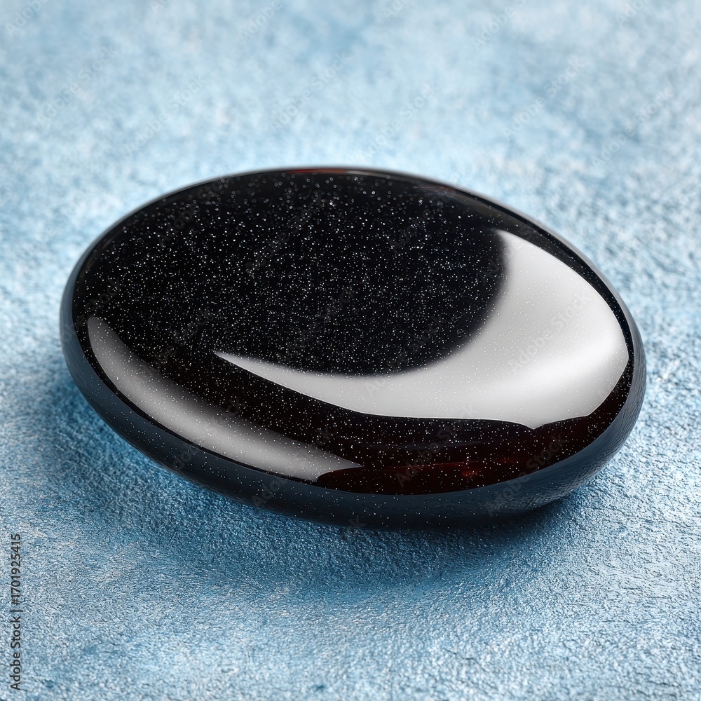 Poster close up of a smooth, dark colored gemstone with subtle sparkle, resting on a textured blue surface.