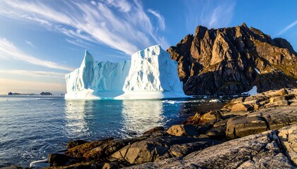 A massive iceberg floats in a tranquil bay, majestic against a backdrop of dramatic, dark, rocky cliffs under a vibrant, cloud-filled sky.