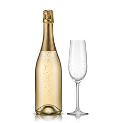 Golden bottle of champagne and empty flute glass on white background