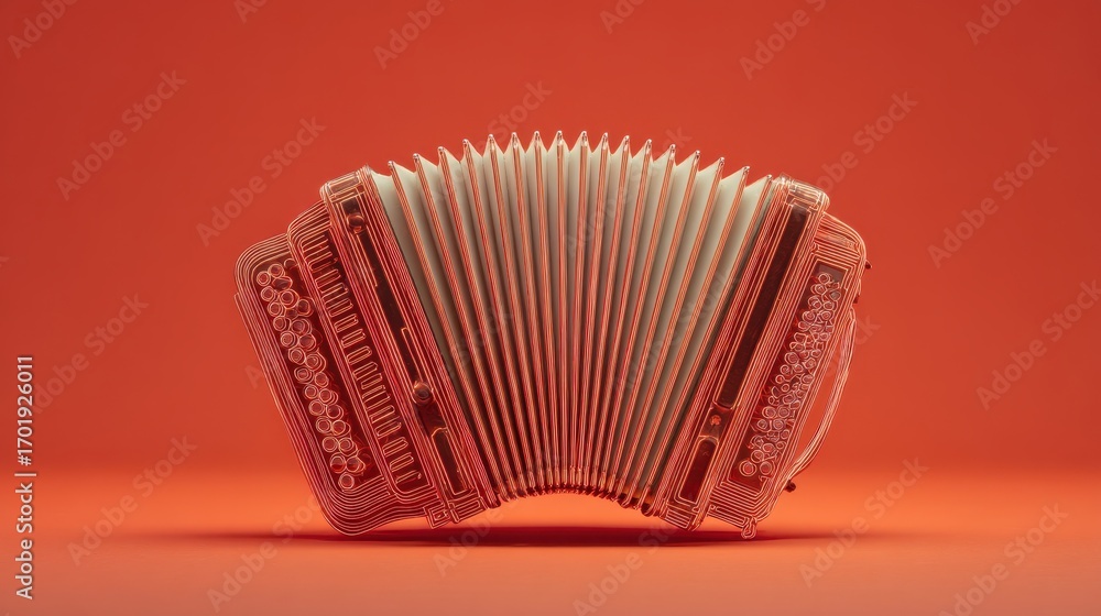 Poster abstract 3d rendering of a red accordion against an orange background. geometric and detailed.